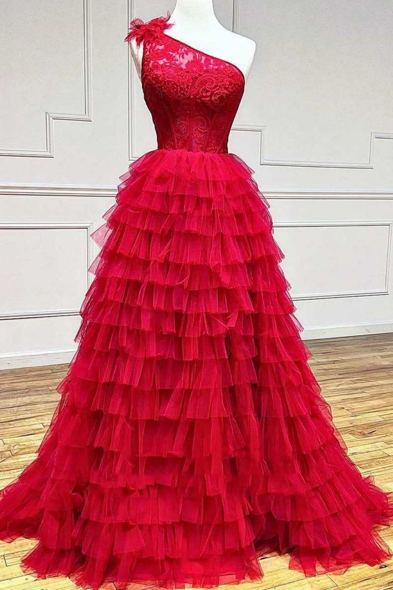 Black Lace One-Shoulder Multi-Tiered Ball Gown with Ruffles