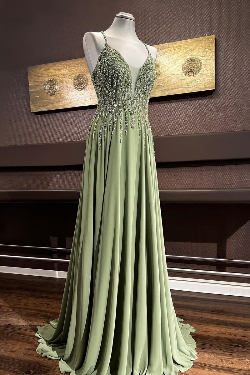 dusty sage green prom dress Dusty Sage Beaded Cross Back V Neck Seqins-Embroidery Long Prom Dress –  Dreamdressy