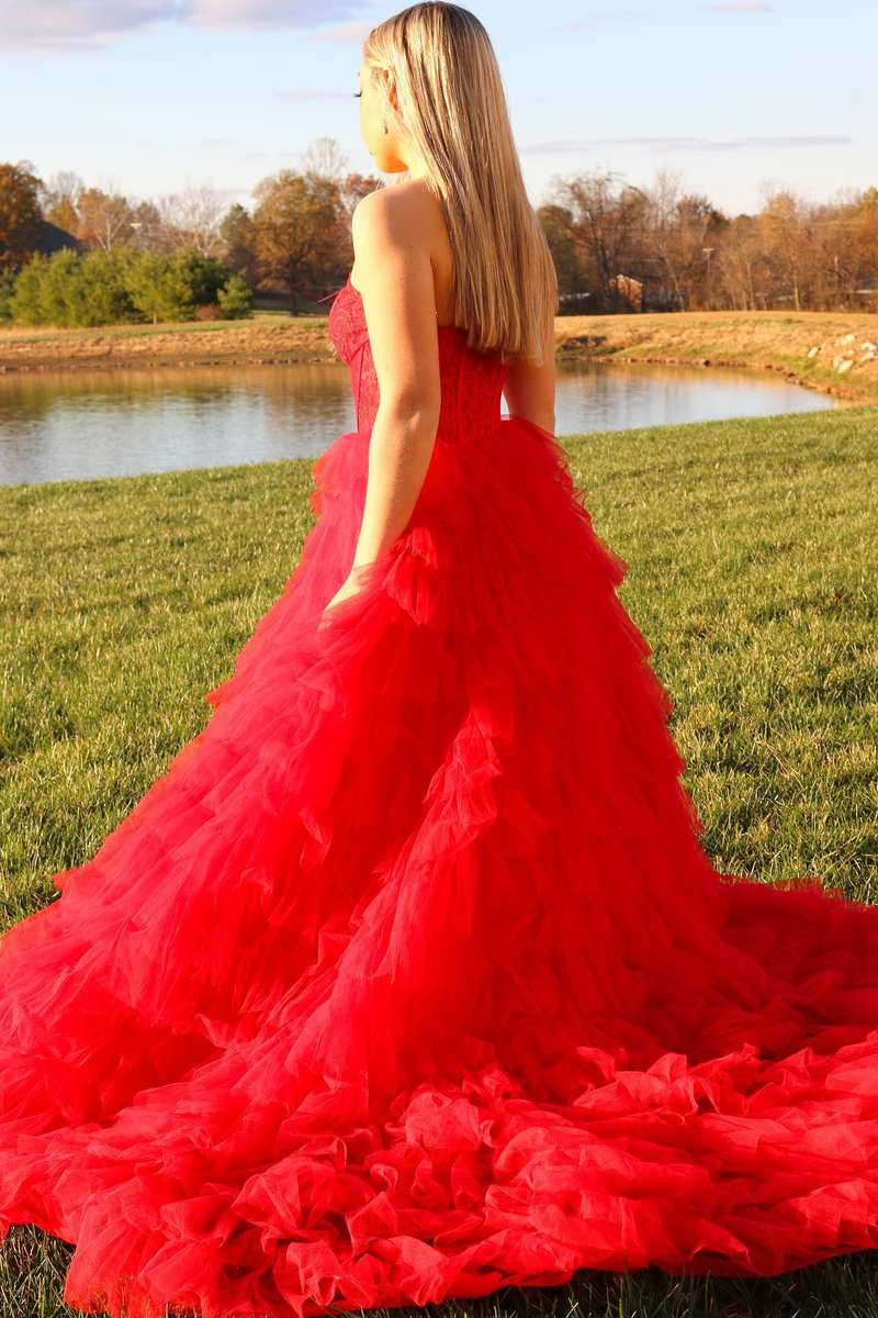 Black Lace One-Shoulder Multi-Tiered Ball Gown with Ruffles