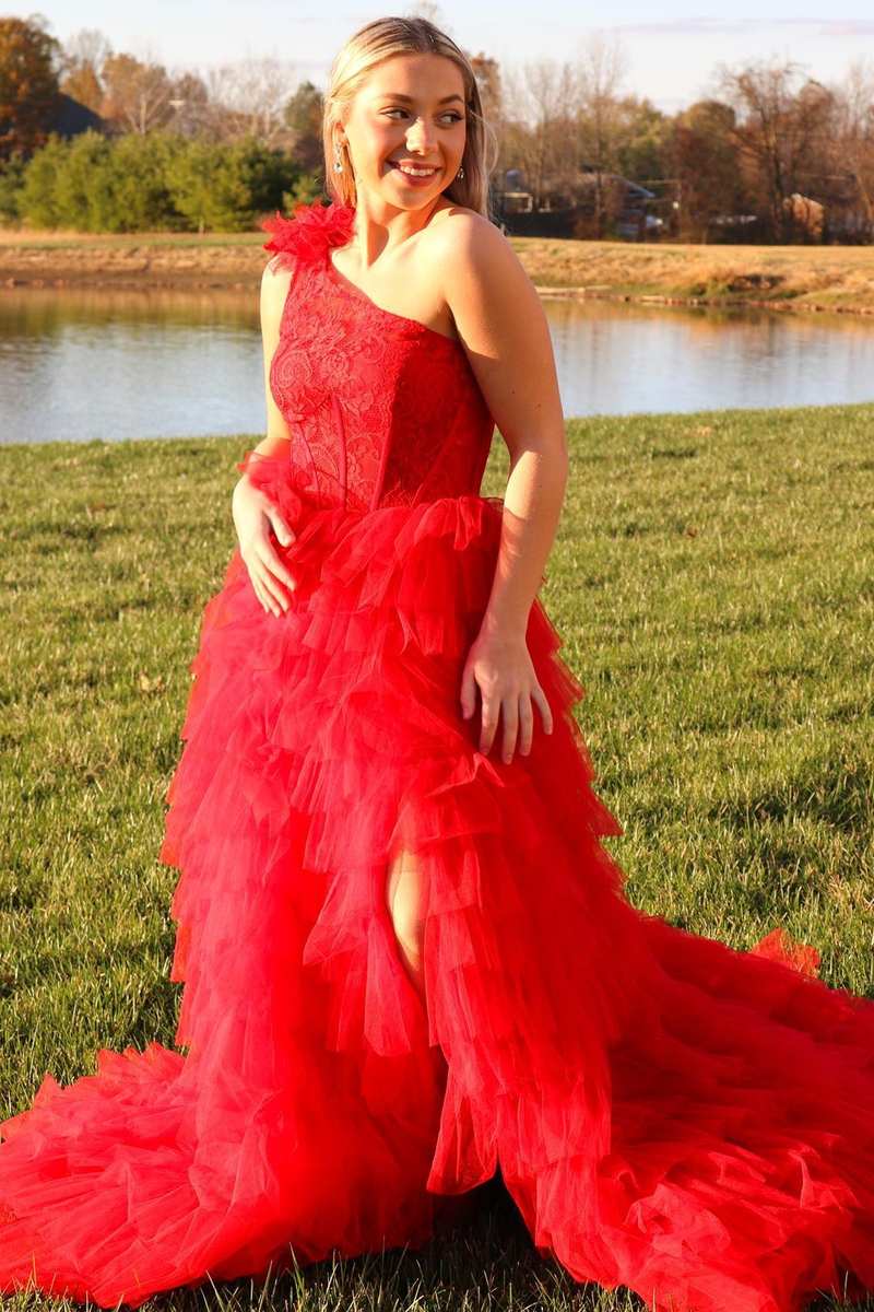 Black Lace One-Shoulder Multi-Tiered Ball Gown with Ruffles