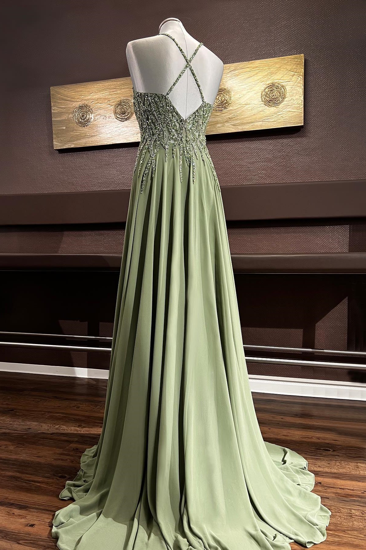 sage green beaded prom dress Zapaka Women Sage Green Halter Long Prom Dress A Line Beaded Cut Out Tiered Ruffle Party Dress with Slit, Sage Green / US14