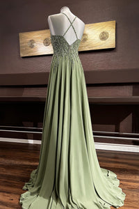 Dusty Sage Beaded Cross Back V Neck Seqins-Embroidery Long Prom Dress