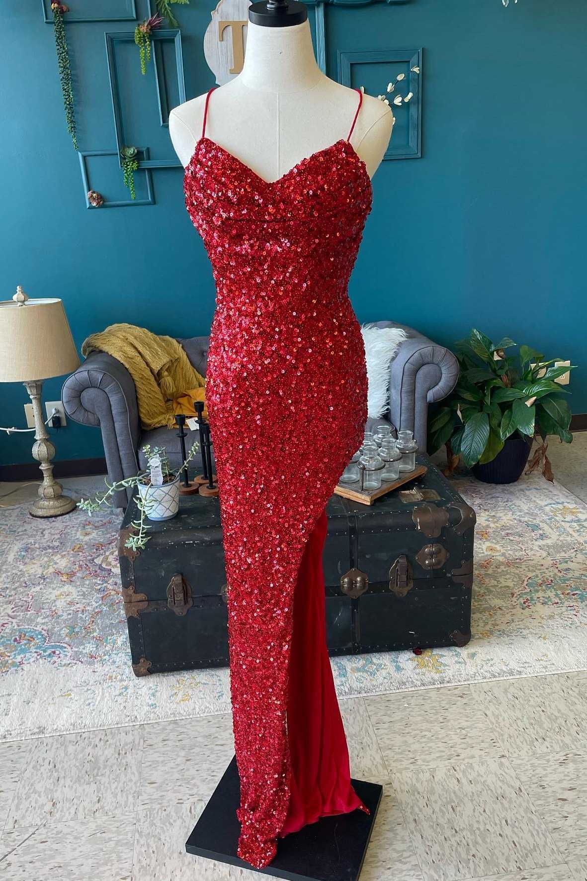 Red Sequin Cowl Neck Lace-Up Back High-Low Prom Dress Dreamdressy Red Sequin Cowl Neck Lace-Up Back High-Low Prom Dress Dreamdressy