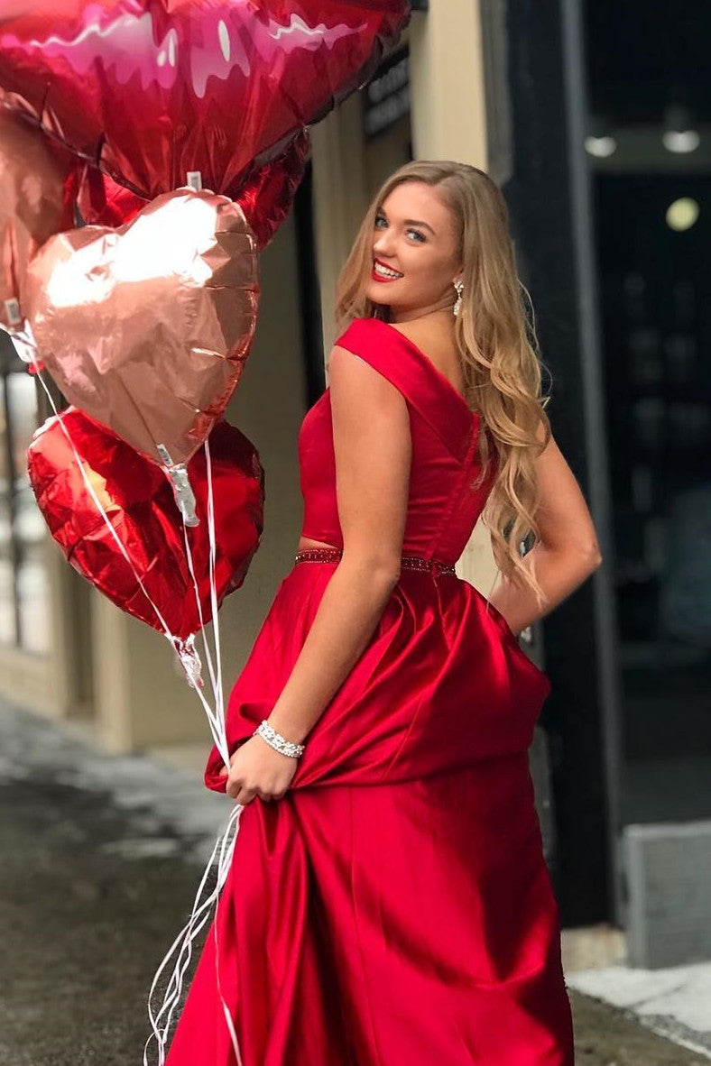 red two piece off the shoulder prom dress Two Piece Off Shoulder Green Long Prom Dress with Pockets – Dreamdressy