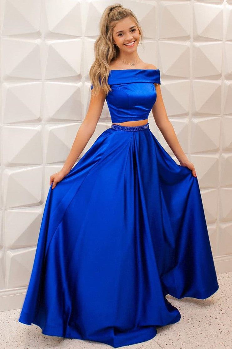 off the shoulder two piece prom dress Two Piece Off Shoulder Green Long Prom Dress with Pockets – Dreamdressy