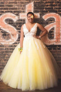Princess V Neck Pink Tulle Long Prom Dress with Lace Appliques