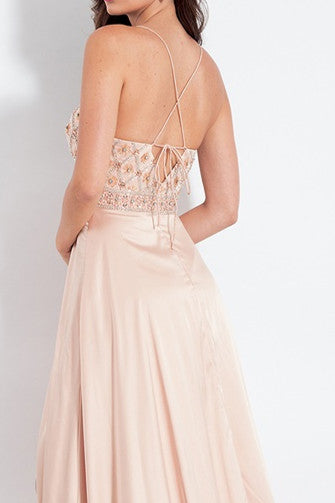 V Neck Beaded Long Prom Dress with Side Slit