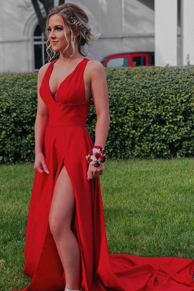 long red v-neck prom dress with side slit Simple Red A-line V Neckline Side Slit Long Prom Dress with Sweep Train,  MP350