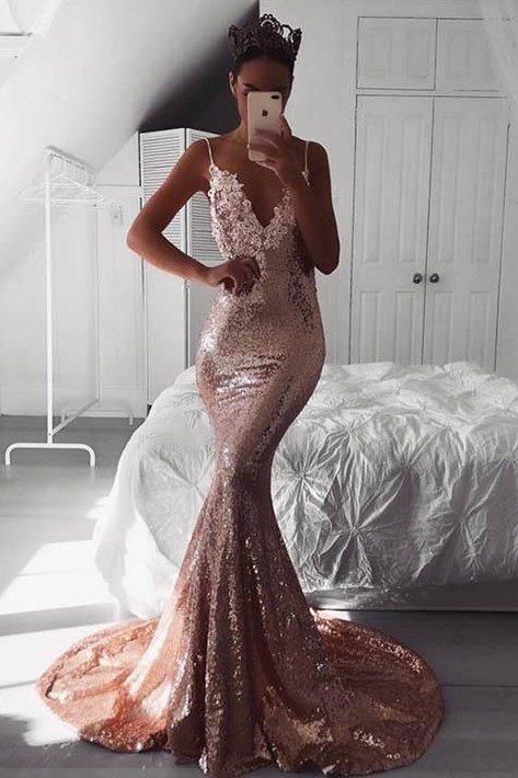 slim fit dress slacks Sexy Rose Gold Sequins Mermaid Long Prom Dress