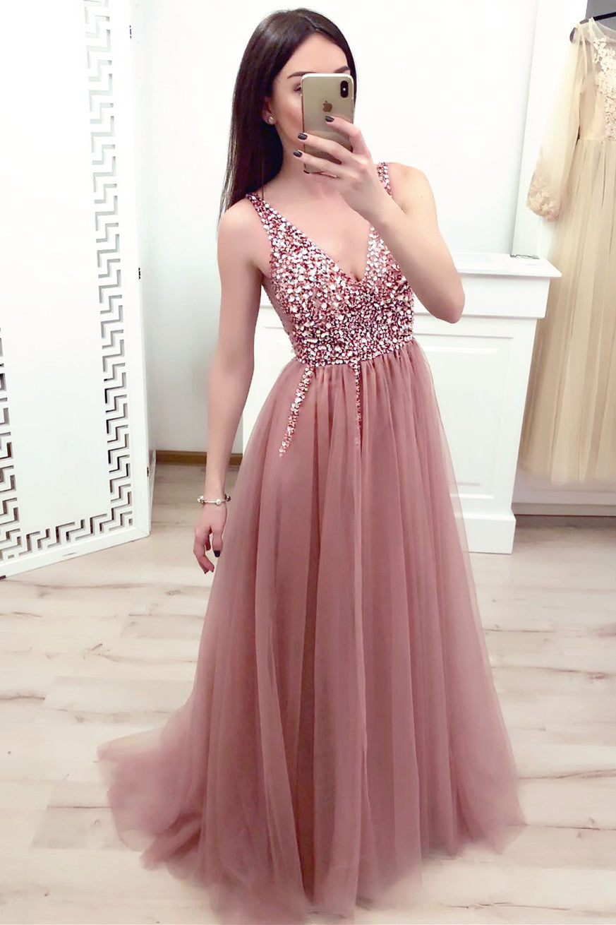 Blush Pink Beaded Long Prom Dress with Slit Blush Pink Beaded Long Prom Dress with Slit