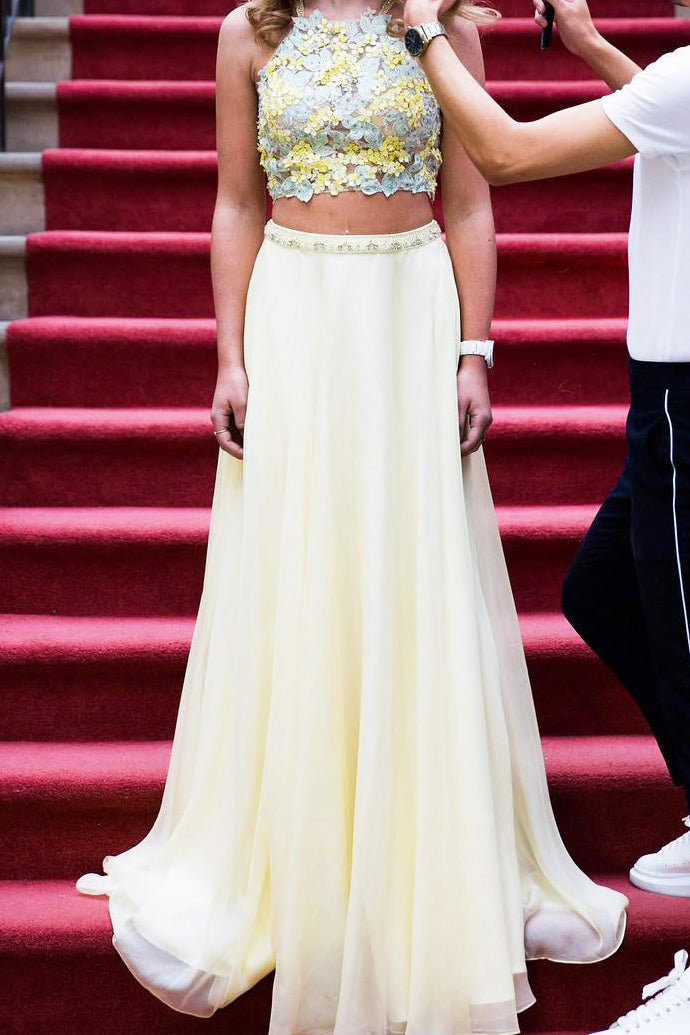 Two Piece Halter Floral Long Prom Dress with Crop Top