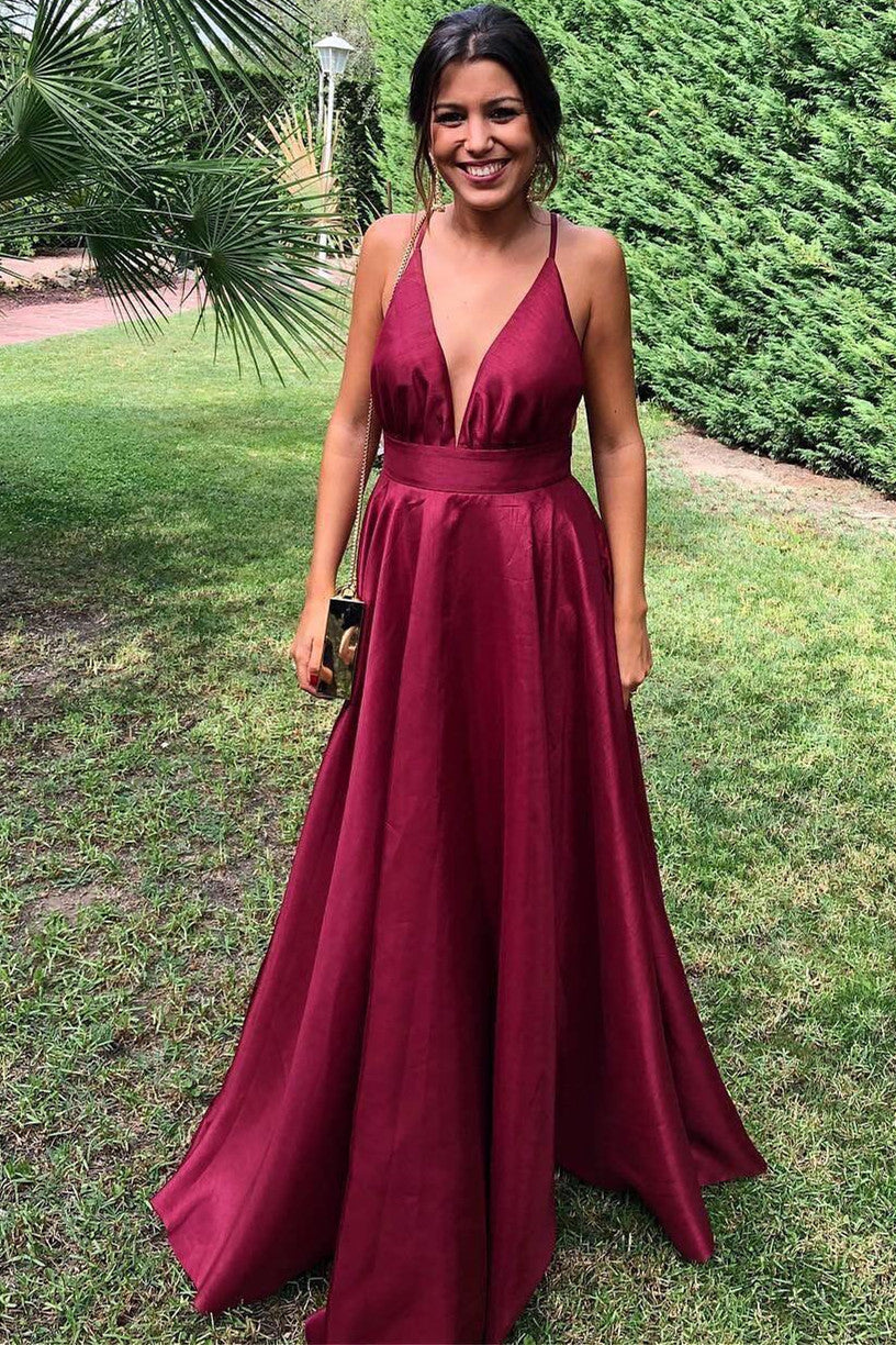 Gorgeous A-line V Neck Burgundy Long Prom Dress – Dreamdressy