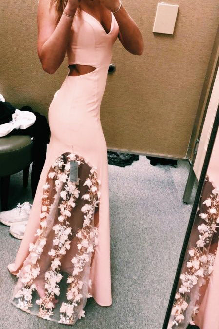 mermaid blush pink dress Spaghetti Straps Appliques Mermaid Pink Prom Dress