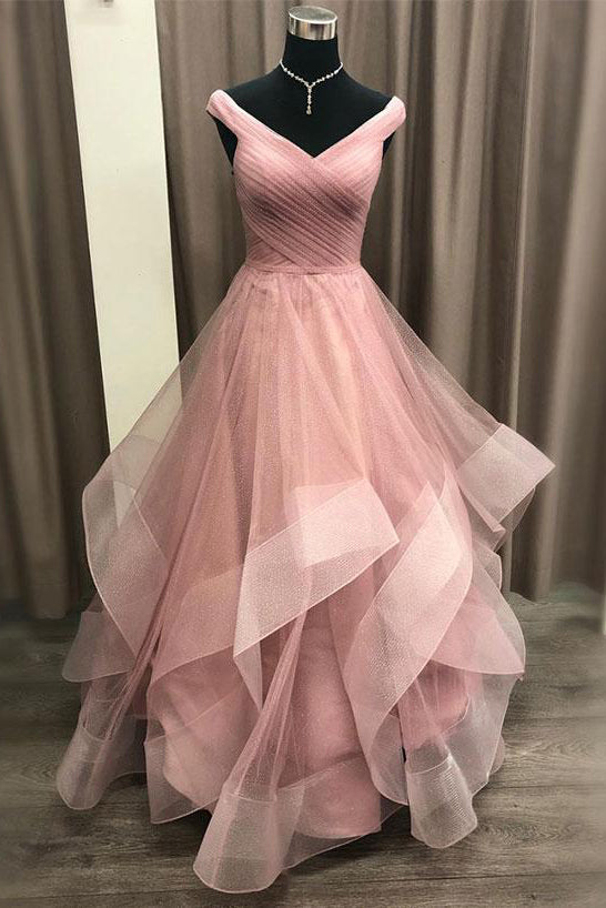 Off the Shoulder Tiered Red Prom Dress with Pleats