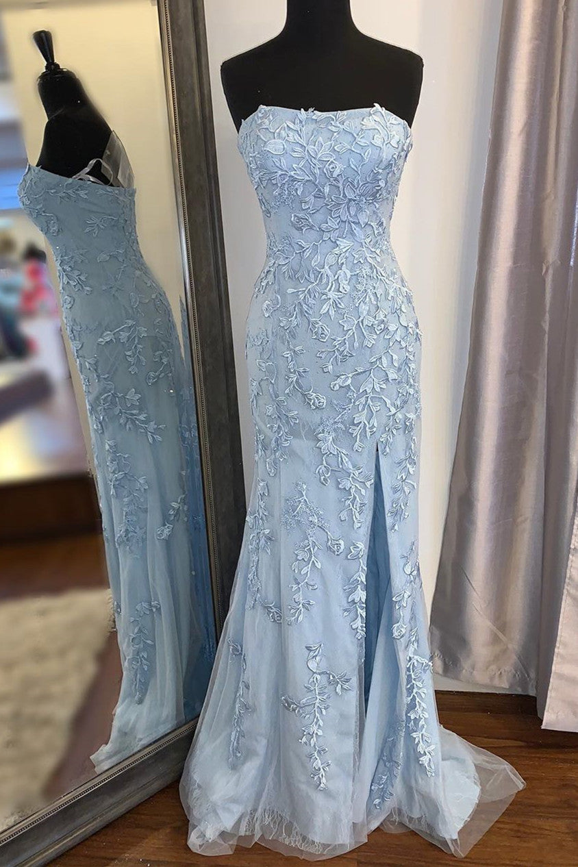 Strapless Light Blue Lace Long Prom Dress with Slit – Dreamdressy Strapless Light Blue Lace Long Prom Dress with Slit – Dreamdressy