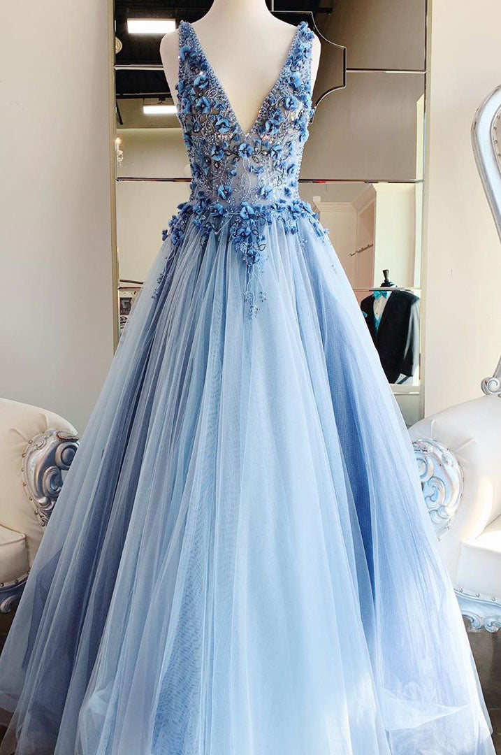 princess light blue dress Light Blue Lace Prom Dresses Princess V Neck