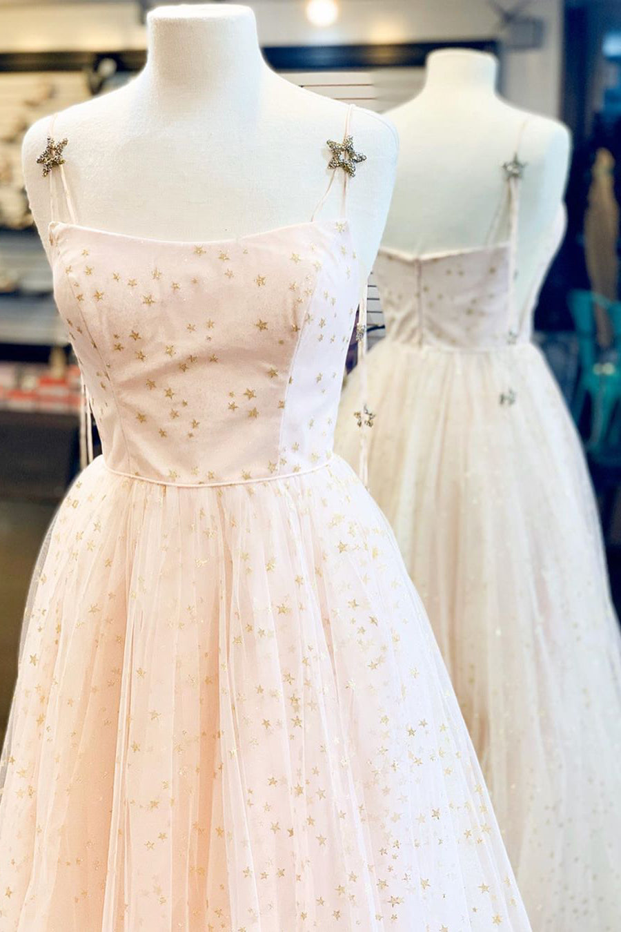 Elegant A-Line Straps Light Blue Long Prom Dress with Stars