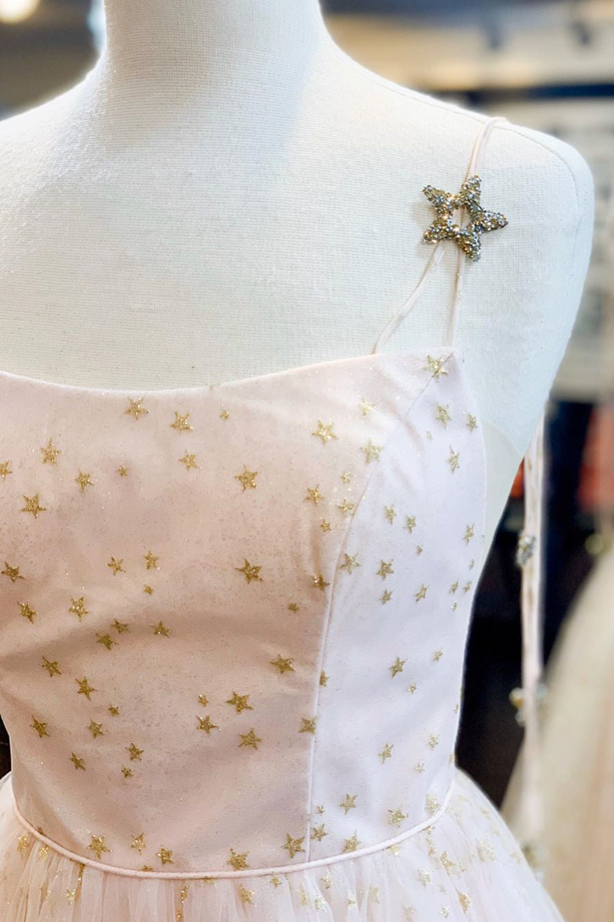 Elegant A-Line Straps Light Blue Long Prom Dress with Stars