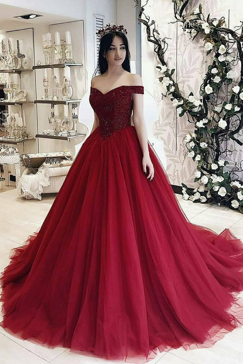burgundy beaded prom dress A Line V Neck Burgundy Prom Dress Beaded Split Evening Dress PSK140 US16 / Burgundy main image 1