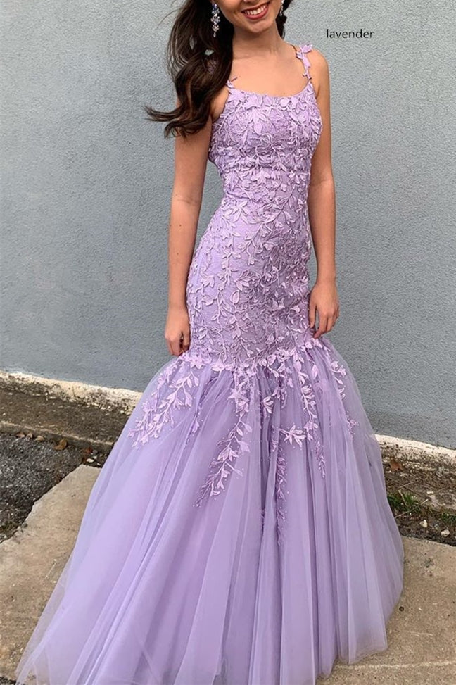 Straps Mermaid Light Blue Lace Appliqued Long Prom Dress