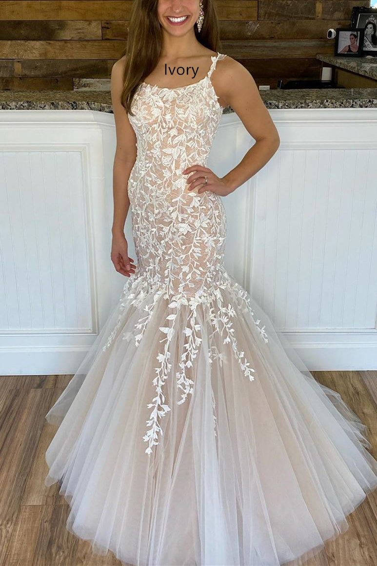 Straps Mermaid Light Blue Lace Appliqued Long Prom Dress