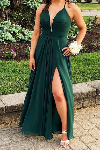 Elegant V Neck A-Line Yellow Long Prom Dress with Slit