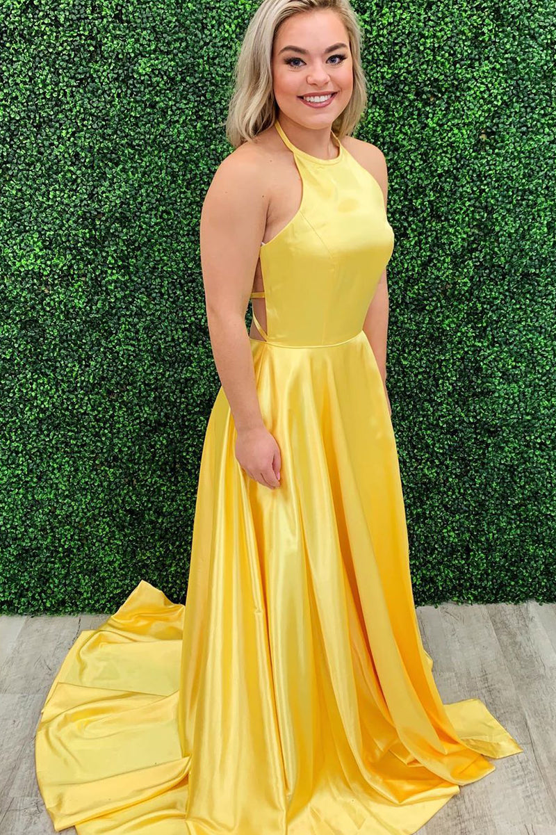 Simple Halter A-Line Open Back Yellow Long Prom Dress Dreamdressy Simple Halter A-Line Open Back Yellow Long Prom Dress Dreamdressy