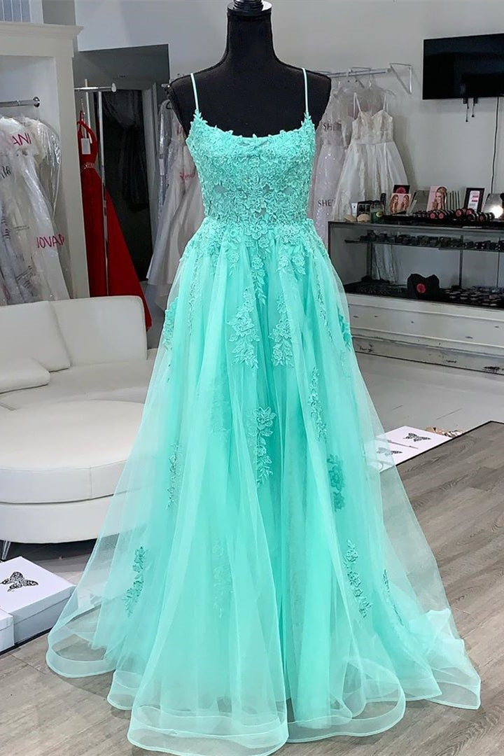 Elegant Appliques Lace-Up Back A-Line Yellow Long Prom Dress