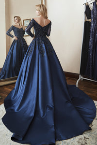 Ball Gown Long Sleeves Off Shoulder Beaded Navy Blue Prom Dress Dreamdressy Ball Gown Long Sleeves Off Shoulder Beaded Navy Blue Prom Dress Dreamdressy