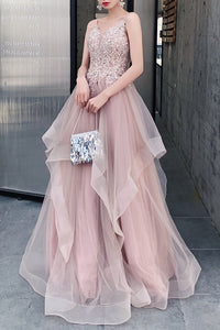 Elegant Straps A-Line Appliques Dusty Rose Long Prom Dress