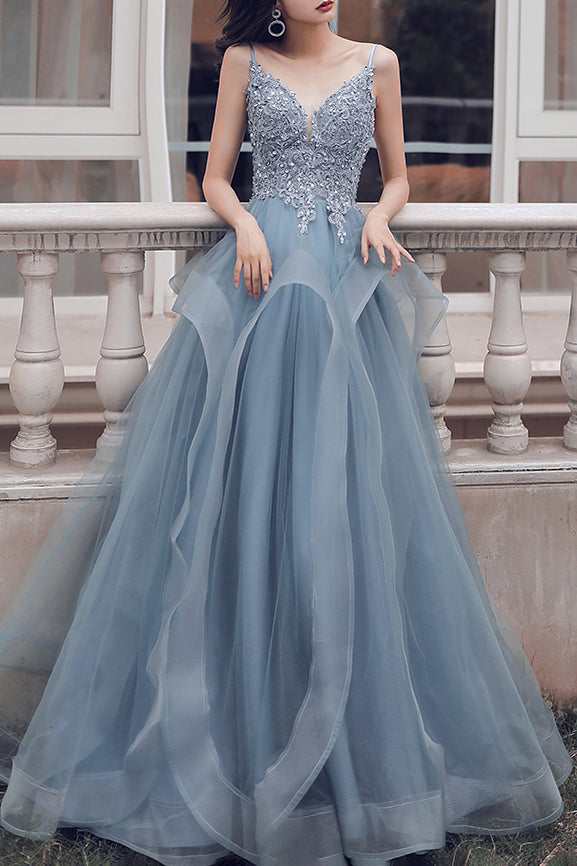 Elegant Spaghetti Straps A-Line Dusty Blue Long Prom Dress – Dreamdressy