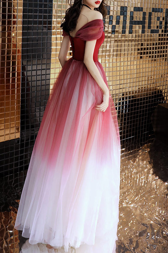 Elegant Off the Shoulder A-Line Red and White Long Prom Dress – Dreamdressy