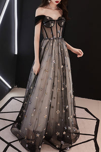 Gorgeous Off Shoulder A-Line Black Long Prom Dress with Stars