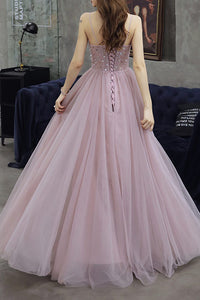 Elegant Spaghetti Straps A-Line Pink Long Prom Dress