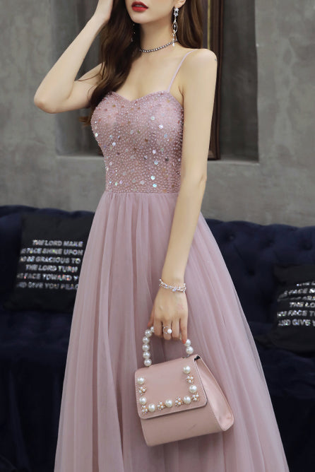 Elegant Spaghetti Straps A-Line Pink Long Prom Dress