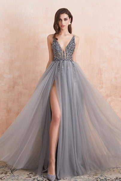 Sexy Beaded V Neck Grey Long Formal Dress Sexy Beaded V Neck Grey Long Formal Dress