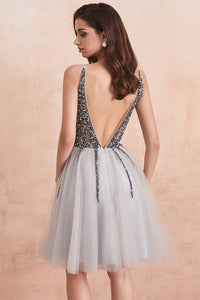 Unique V Neck Short Grey Dance Dress