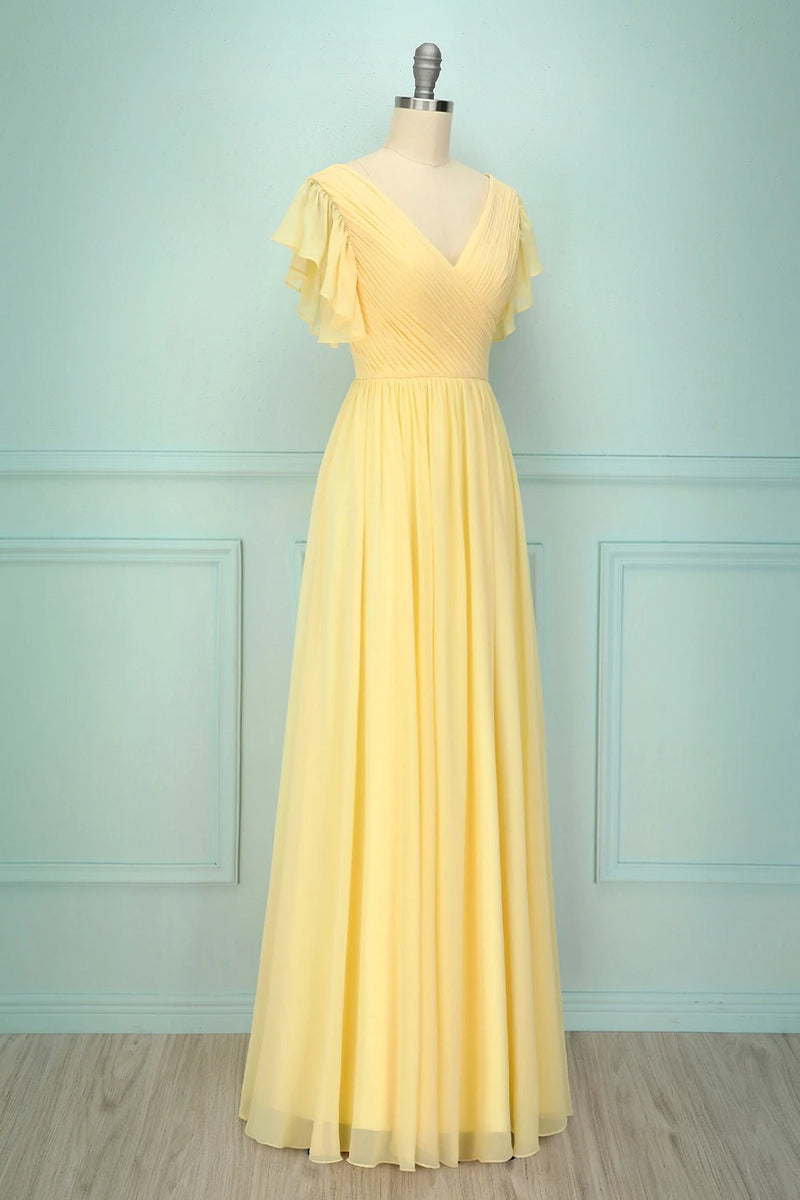 Elegant V Neck Pleated Yellow Bridesmaid Dress with Ruffles Dreamdressy Elegant V Neck Pleated Yellow Bridesmaid Dress with Ruffles Dreamdressy