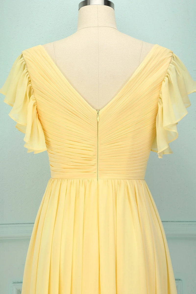 Elegant V Neck Pleated Yellow Bridesmaid Dress with Ruffles – Dreamdressy