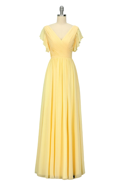Elegant V Neck Pleated Yellow Bridesmaid Dress with Ruffles – Dreamdressy