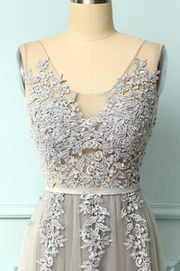 A-line Low V-Back Grey Bridesmaid Dress with Lace