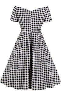 Black and White Plaid Short Sleeve Vintage Dress  Dreamdressy