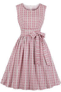 Scoop Floral Pink Short Vintage Dress with Sash