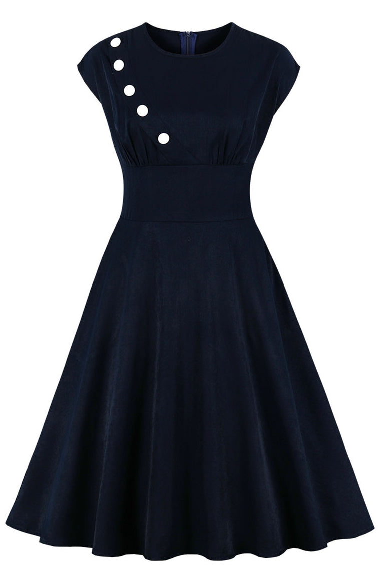 1950s Vintage Dark Navy Dress with Buttons Dreamdressy 1950s Vintage Dark Navy Dress with Buttons Dreamdressy