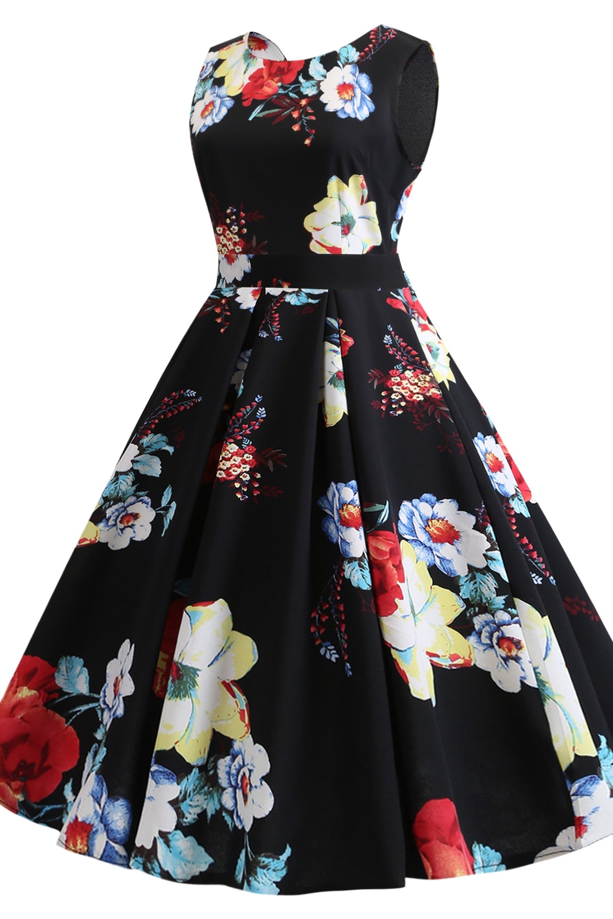 Sleeveless Black Floral 50s Vintage Dress