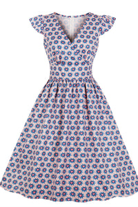 Flutter Sleeves Blue Short Vintage Dress