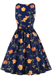 Vintage Navy Blue Floral Wrap Dress