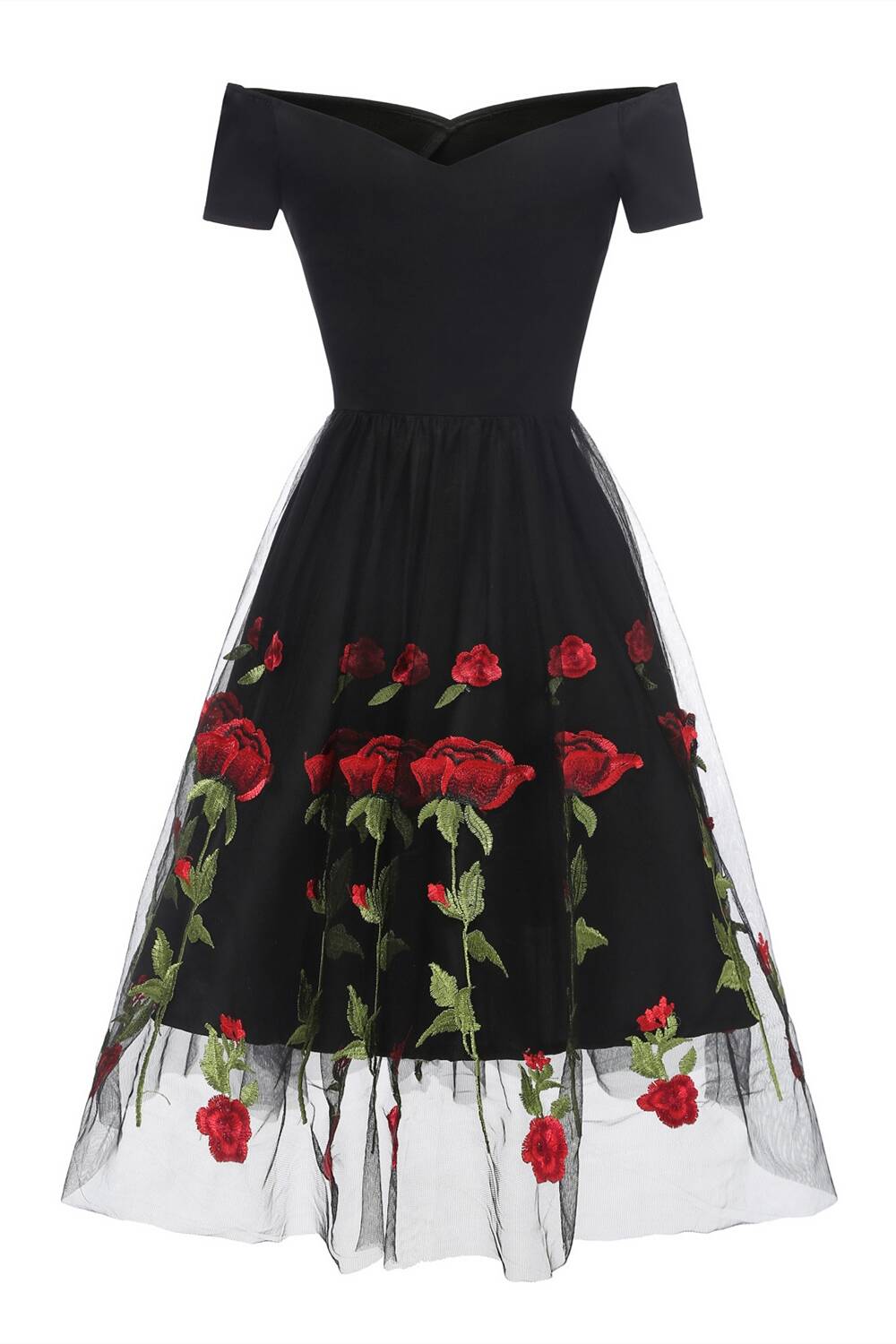 Vintage Off Shoulder Rose Embroidery Dress  Dreamdressy