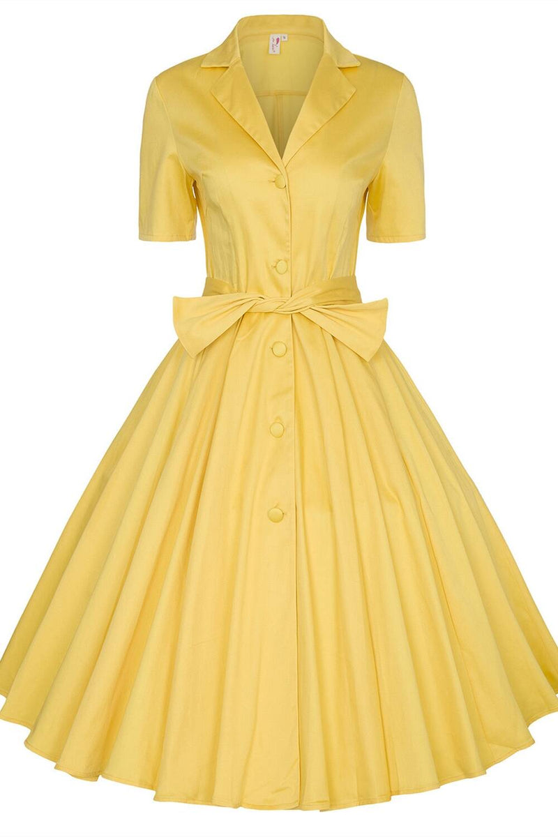Yellow Lapel Collar 1950s Vintage Dress with Sash  Dreamdressy