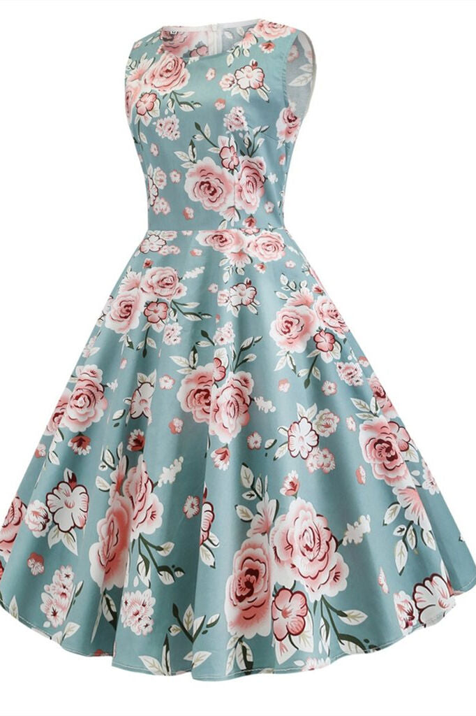 1950s Vintage Sleeveless Blue Floral Dress Dreamdressy 1950s Vintage Sleeveless Blue Floral Dress Dreamdressy